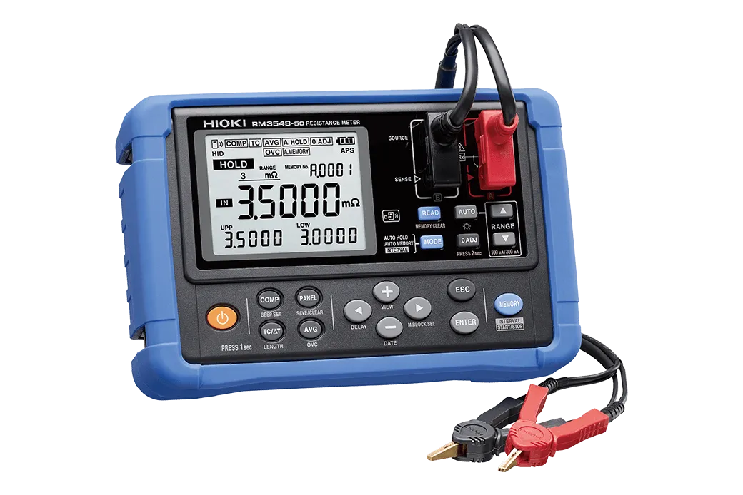 RM3548-50 LCD showing 0.1 micro-ohm resolution four-wire resistance measurement