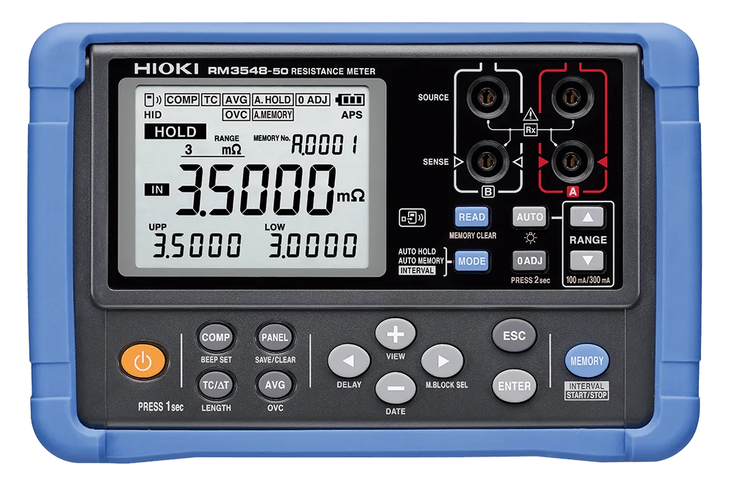 HIOKI RM3548-50 portable precision resistance meter with protective boot and LCD display